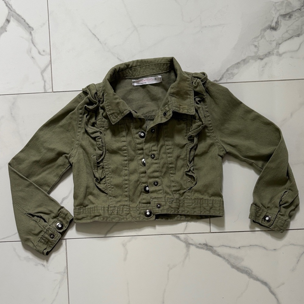 Olive Green Girl’s Crop Jacket with Ruffle Details